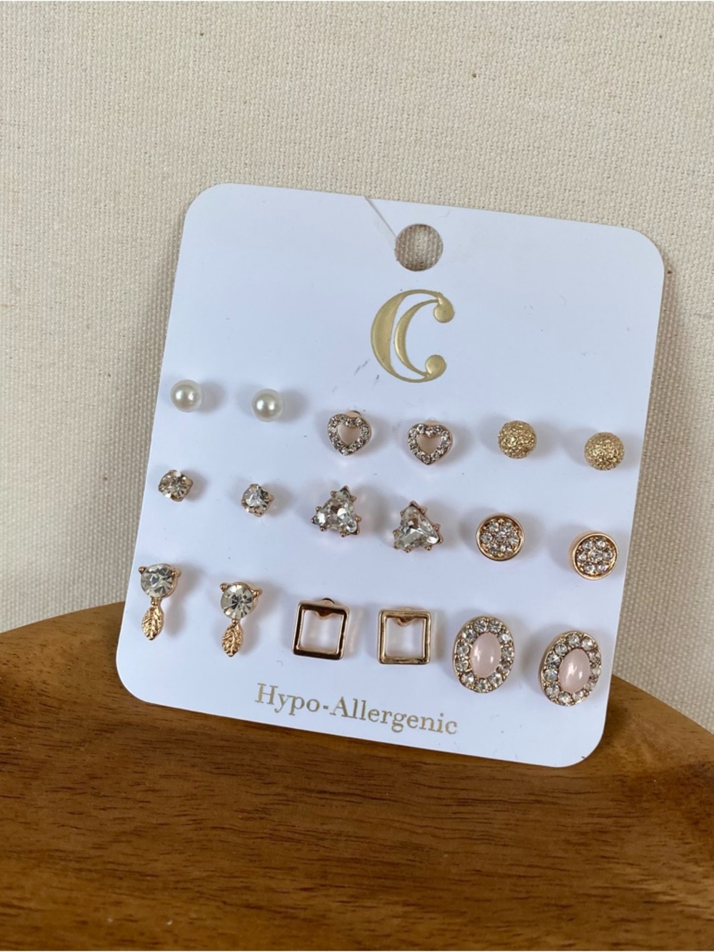 3/$20 Crescent 9-Pair Mixed Gold & Pearl Stud Earring Set - Hypo-Allergenic